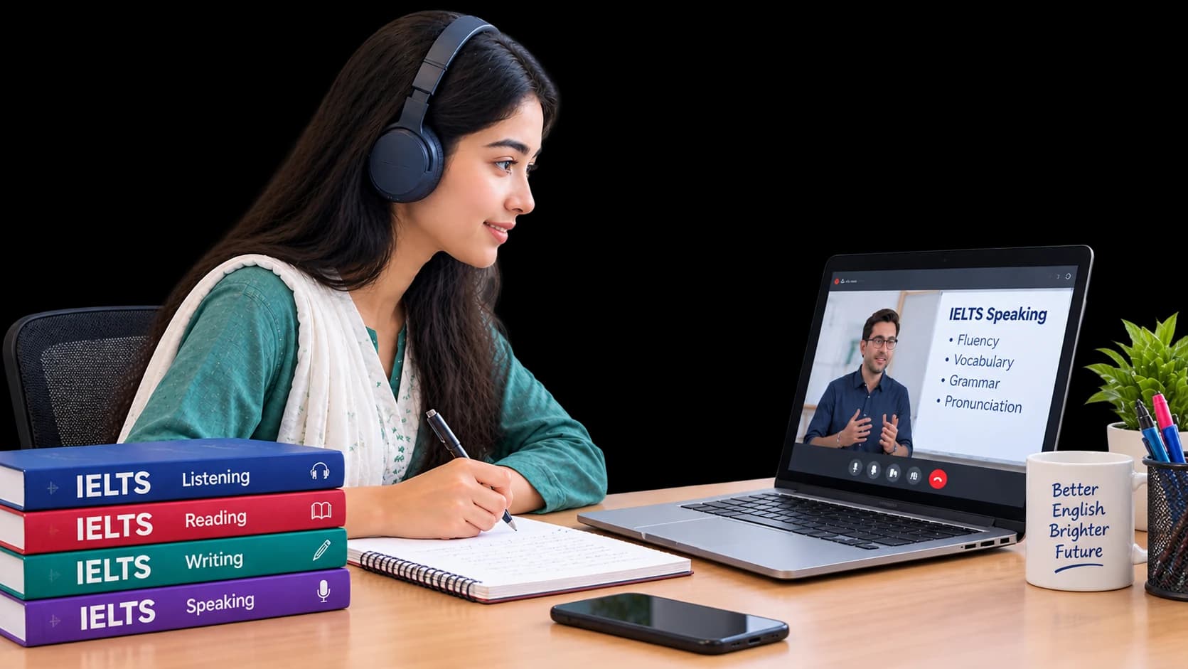 A student taking notes at her desk during a live online IELTS speaking class, with IELTS books for each module beside her